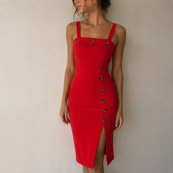 Stella Luce Dresses & Skirts - Stella Luce Red Sheath Dress Button Accent Front Slit Small Minimalist Chic